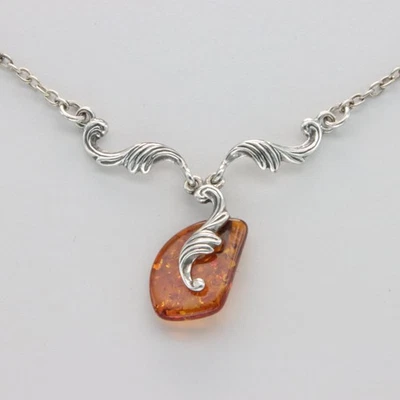 Cognac / Brown BALTIC AMBER Pendant Necklace - 925 STERLING SILVER Poland #7e - Image 1 of 4