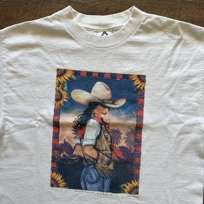 Camiseta De Colección Años 90 Para Hombres Mediana Blanca Doreman Burns Bonita Vaquera Western Rodeo Arte Foto 1 de 4