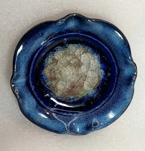 Indigo Blue Ceramic Trinket Dish Ashtray Candle Base Fluted Edge Crackle Glass  - Picture 1 of 8