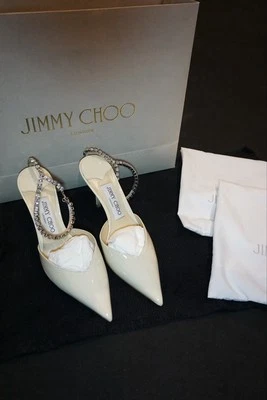 Jimmy Choo Saeda 85 Linen Patent Leather Pumps with Crystal Embellishment EU 36 - image 1 of 4