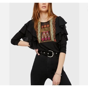 Free People La Cienga Ruffled Top Black Orange Embroidered Linen Southwestern S - Picture 1 of 8