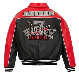 Vintage 90's Avirex Lucky 7 Tuskegge Black/Red Varsity Leather Jacket-NEW - Picture 1 of 4