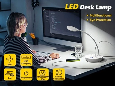 Lámpara de Escritorio LED con 2 Puertos USB y 2 Tomas 5.51Dx5.51Wx14.96H Pulgadas, Blanca  Foto 1 de 4