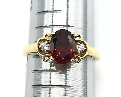 14k Solid Yellow Gold Garnet Diamond Three-Stone Band Ring Size 7 - Image 1 of 4