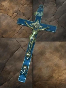 Rare 1920s Art Deco Crucifix Blue Skull Memento Mori Museum-Quality Catholic - Picture 1 of 7
