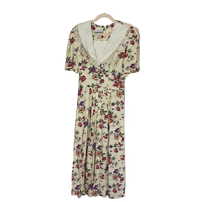 De colección. SL Fashions Talla 14 Maxi Floral Coqueta Casa Años 80/90 Cuello Babero Encaje LEER Foto 1 de 4