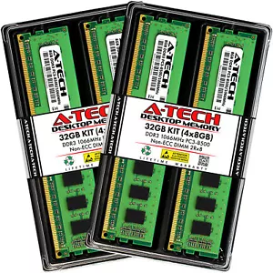 A-Tech 32GB Kit 4x 8GB PC3-8500 Desktop DIMM DDR3 1066 MHz Non-ECC Memory RAM - Picture 1 of 6