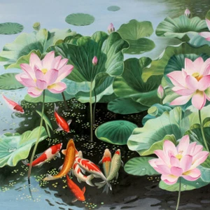 Home Decor Flower Lotus Feng Shui Koi Fish Painting Wall Art Printed on Canvas - Bild 1 von 5