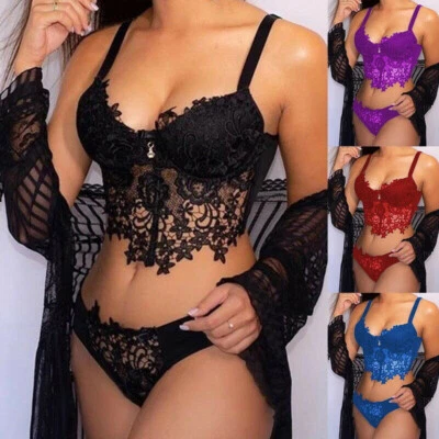2pcs Women Sexy Lingerie Lace Bra Ladies Thong Underwear Set Nightwear Sleepwe - image 1 of 4