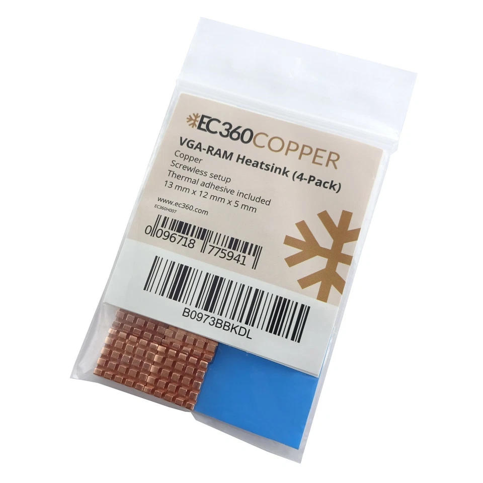 EC360® COPPER 4-Pack VGA RAM Copper Cooler (12x13x5mm) Adhesive Heatsink - Image 1 of 3