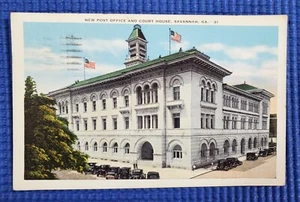 Vtg US Post Office & Courthouse Old Cars Savannah GA Linen Posted 1936 Postcard - Picture 1 of 2