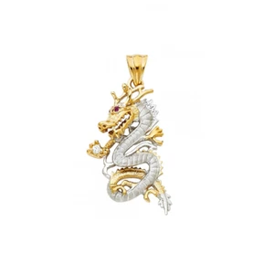 14K Solid Yellow White Gold CZ Dragon Pendant - Dia Cut Red Ruby Necklace Charm - Picture 1 of 1