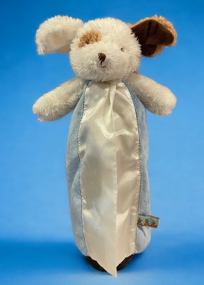 Bunnies By The Bay Puppy Dog Lovey Security Blanket Blue Brown White Satin - Image 1 of 3