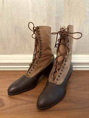 Винтажные антикварные коричневые кожаные холщовые сапоги в викторианском стиле на шнуровке для танцев женщин - Изображение 1 из 4