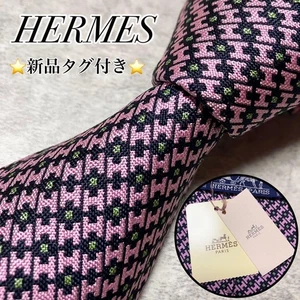 New Unused HERMES Neck Tie Black Pink H Pattern 100%Silk Made in France - Picture 1 of 11