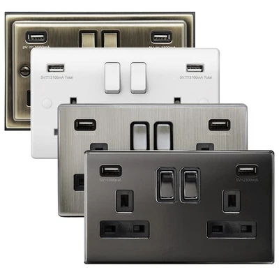 Double Wall Plug Socket 2 Gang 13A with 2 USB Ports Screwless Slim Flat Plate  - Image 1 of 4