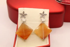 ORECCHINI IN ARGENTO PENDENTI CORNIOLA NATURALE FIORI CON ZIRCONI BIANCHI MM 60 - Foto 1 di 5