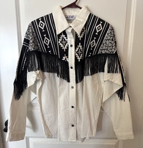 Camicia Sas’sa nera frange western azteca rodeo cowgirl manica lunga bottoni grande - Foto 1 di 14