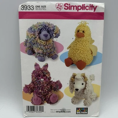 Simplicity Sewing Pattern 3933 Animals Dog Bunny Duck Poodle 15 Inch Loopy UC FF - Image 1 of 4