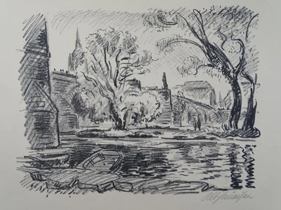 Blick über Fluss Bauten Brücke - Albert Haueisen - signierte Lithographie - 1930 - Bild 1 von 4