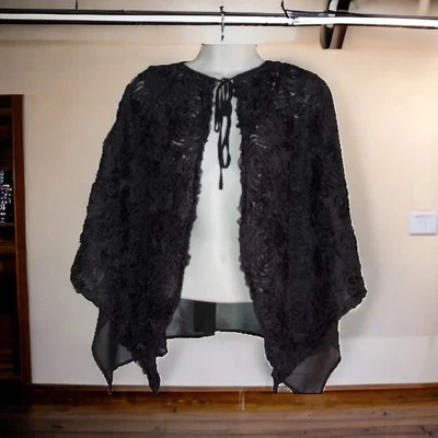 RUYI Black Sheer Chiffon Textured Floral Open Sides Tie Front Evening Cape | OS - Image 1 of 4