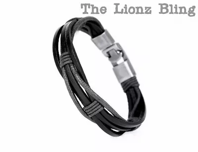 Pulsera de cuero negro genuino trenzado estilo vintage urbano y cordón de cáñamo Foto 1 de 4