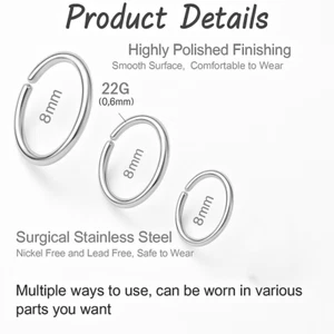 22G 3 Pcs Nose Rings Hoops Stainless Steel Diameter 8mm - Picture 1 of 2
