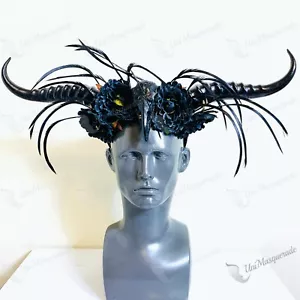 Women's Cosplay Headband Long Horns With Raven Skull Halloween Costume - Picture 1 of 5