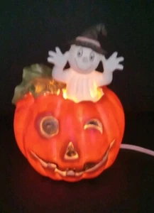 Vintage Porcelain Lighted Pumpkin Ghost Hand Painted Halloween Brinn's W/Box  - Picture 1 of 20