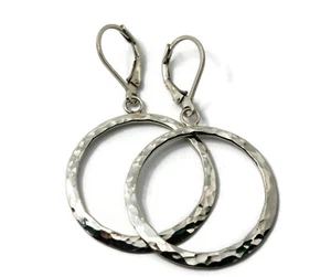 Sterling Silver Hammered Hoop Earrings Polished Finish - Picture 1 of 5