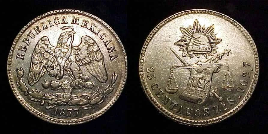 MEXICO 1877 ZsS 25 Centavos XF/AU - Image 1 of 1