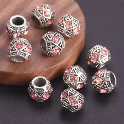 10pcs Rondelle 11x9mm Rhinestones Paved Tibetan Metal Charm Big Hole Beads Lot - Image 1 of 4