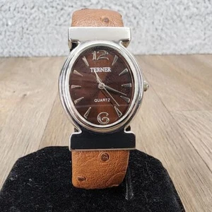 Terner Bijoux Brown Leather Cuff Band Oval Face Quartz Watch Silver Tone Classic - Picture 1 of 9