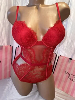 Victoria's Secret Bra Bombshell Thong Corset Eyelash Lace Medium Red Hot - Image 1 of 4
