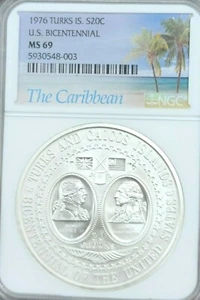 1976 TURKS SILVER 20 CROWNS US BICENTENNIAL NGC MS 69 SCARCE BEAUTY TOP POP - Picture 1 of 5