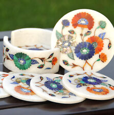Tea Coffee White Marble tea Coaster  Precious Flower Stone  Inlay Work decor