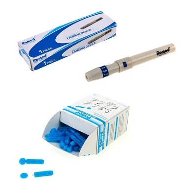 Romed Blutlanzetten Tri-bevel blau steril 100 Stück + 1 x Romed Stechautomat