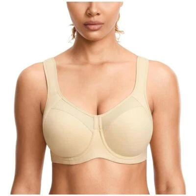 SYROKAN Women's High Impact Full Coverage Sports Bra Oil Gray Beige Size 40F NEW - Image 1 of 4