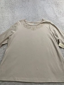 Studio Works Women Embroidered 3/4 Sleeve Crew Neck T-Shirt Beige Size 2X - Picture 1 of 11