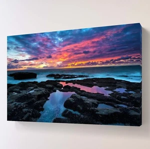 Tramonto mare costa roccia tela arte da parete immagine stampa incorniciata decorazione casa onde - Foto 1 di 8