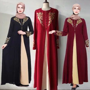Women Arab Print Abaya Dress Vintage Long Sleeve Robe Islamic Muslim Robe - Picture 1 of 24