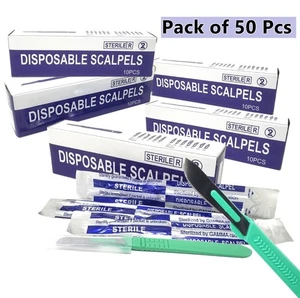 50 PK DISPOSABLE SCALPELS #22-SINGLE USE - DISSECTING, SURGICAL, DERMAPLANING - Picture 1 of 4