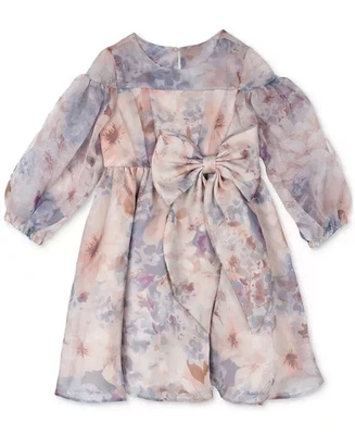 NWT Rare Editions Girls Floral Organza Dress Size 6X Bow Long Balloon Sleeve - Image 1 of 3