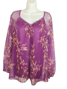 Terra & Sky Purple Gold Floral Mesh church Blouse nwt 1X soft business casual - Picture 1 of 4