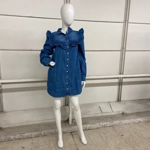 ANTHROPOLOGIE Long-Sleeve Ruffled Denim Shirt Dress Women's Size L - Picture 1 of 7