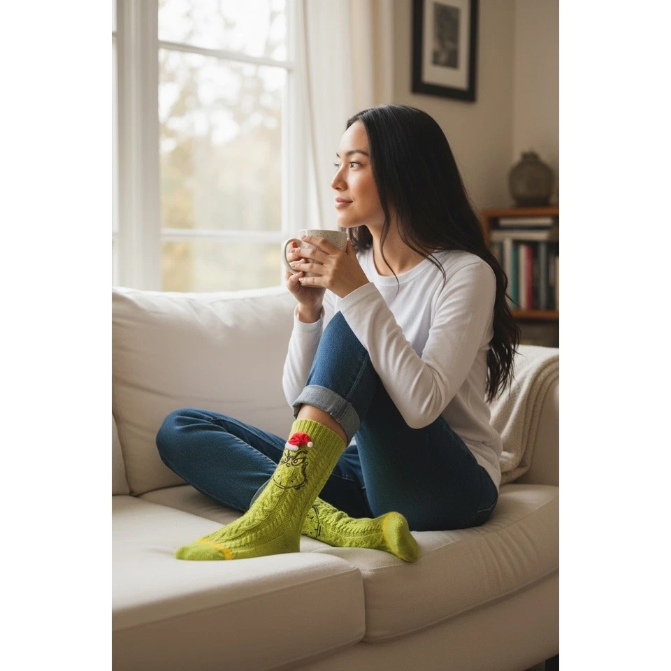 The Grinch Christmas Holiday Cozy Crew Socks Green Women's One Size - Image 1 of 4