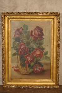 Antique Still Life Roses Oil on Canvas Gilted Frame 19th C. 18" by 24" - Picture 1 of 12
