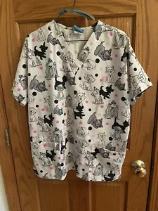 HQ Scrubs Top Womens Medium (M) White With Cats And Dogs In Pink, Black & Gray - Picture 1 of 4