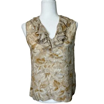 Talbots 100% Silk Tank Top Women’s sz. 10P Brown Ruffled V-neck Y2K Sheer Chiffo - Image 1 of 4