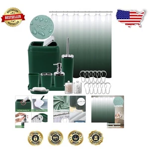 Elegant Green Bathroom Accessory Set with Durable Ombre Shower Curtain & Hooks - Picture 1 of 10